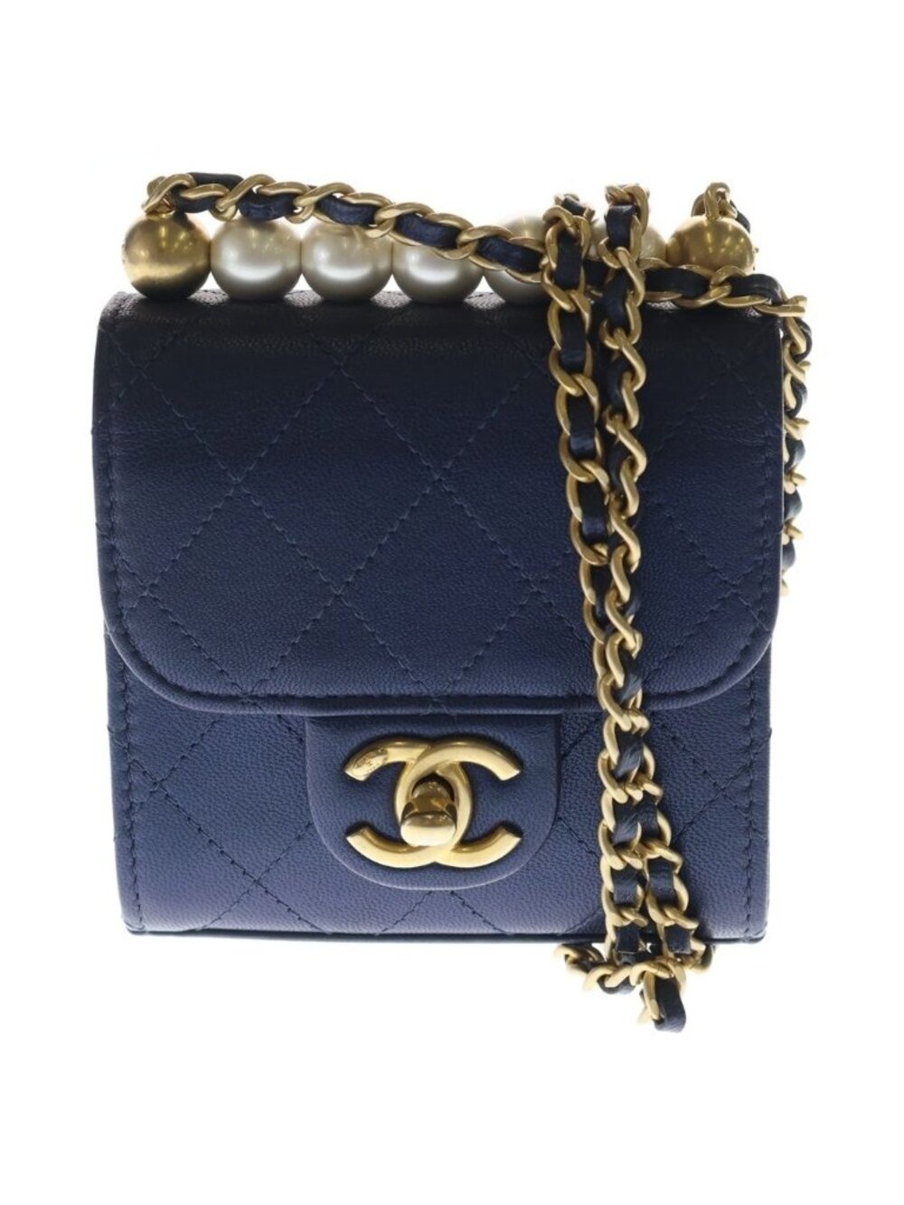 Chanel Mini Quilted Chain Shoulder Bag Back Gold Goatskin Navy